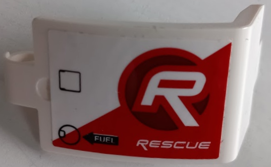 Lego Technic, Panel Curved 3 x 5 x 3 with 'RESCUE', 'FUEL' on Black Arrow, Fuel Inlet, and Hatch on Red and White Stripe Pattern Model Left Side (Sticker) - Set 42092 / White