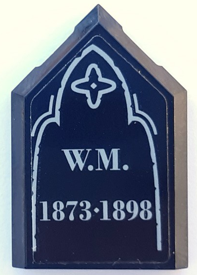 Lego Tile, Modified 2 x 3 Pentagonal with Tombstone, Light Bluish Gray 'W.M. 1873-1898' Pattern (Sticker) - Set 910049 / Black