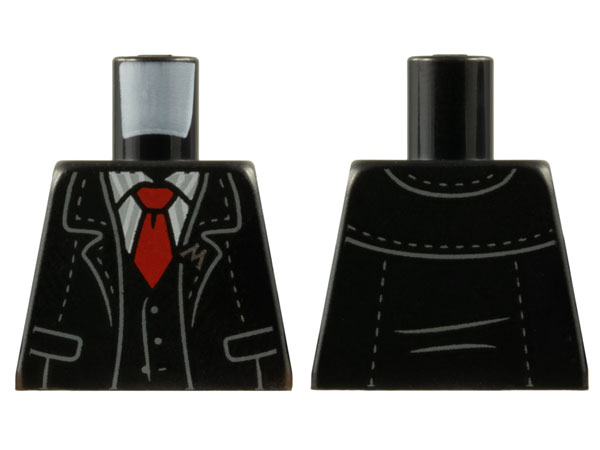 Lego Torso Jacket and Vest with Silver 'M' Pin, White Shirt with Light Bluish Gray Stripes, Red Tie Pattern / Black