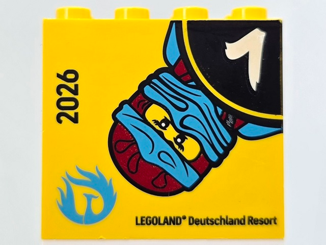 Lego Brick 2 x 4 x 3 with 2026 LEGOLAND Deutschland Resort and NINJAGO 15 Logo Lower Left Quarter with Kai Minifigure Pattern / Yellow