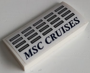 Lego Slope, Curved 2 x 4 x 2/3 with Bottom Tubes with 20 Silver Windows with Dark Blue Outlines and 'MSC CRUISES' Pattern (Sticker) - Set 40318 / White