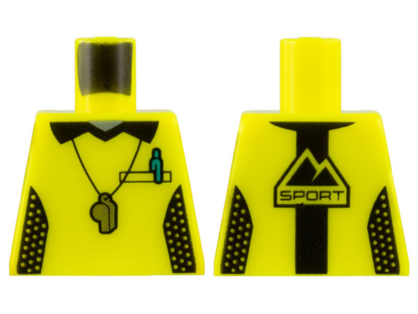Lego Torso Shirt with Black Collar and Side Panels, Silver Whistle, Dark Turquoise Pen, 'SPORT' on Back Pattern / Vibrant Yellow