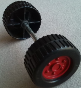 Lego Duplo Wheel with Tread (30mm diameter) Double Assembly with Metal Axle (40mm) and Dark Red Classic Hub Pattern / Black