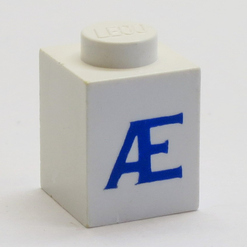 Lego Brick 1 x 1 with Blue Danish 'AE' Print (Serif Font)