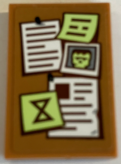 Lego Tile 2 x 3 with Bulletin Board / Pinboard with White and Yellowish Green Notes and Monster Picture Pattern (Sticker) - Set 70425