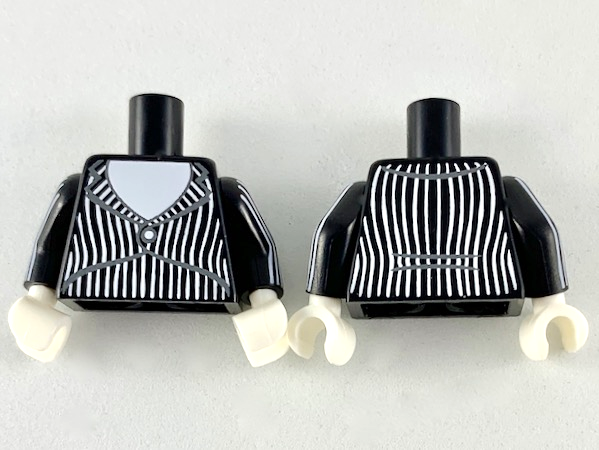 Lego Torso Tuxedo Jacket with White Shirt, Stripes and Centered Button Pattern / Black Arms with 6 White Stripes Pattern / White Hands