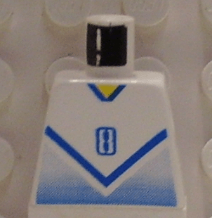 Lego Torso Soccer Jersey Shirt with Blue Chevron and Number  8, Yellow Neck Pattern / White