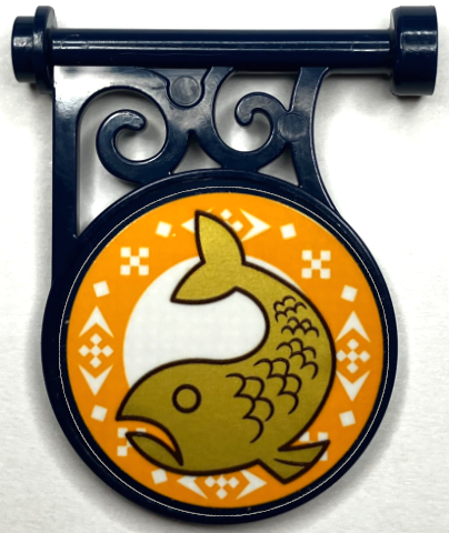 Lego Road Sign Round on Pole with Flat Top Attachment with Gold Koi Fish, Bright Light Orange Border with White Squares and Arrows Pattern (Sticker) - Set 41167
