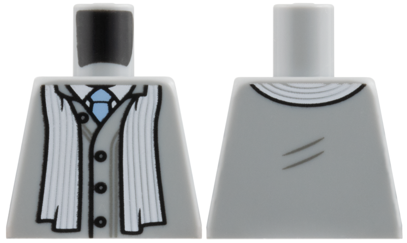 Lego Torso Cardigan Sweater with Black Buttons, Striped Scarf, White Shirt, Bright Light Blue Tie Pattern / Light Bluish Gray