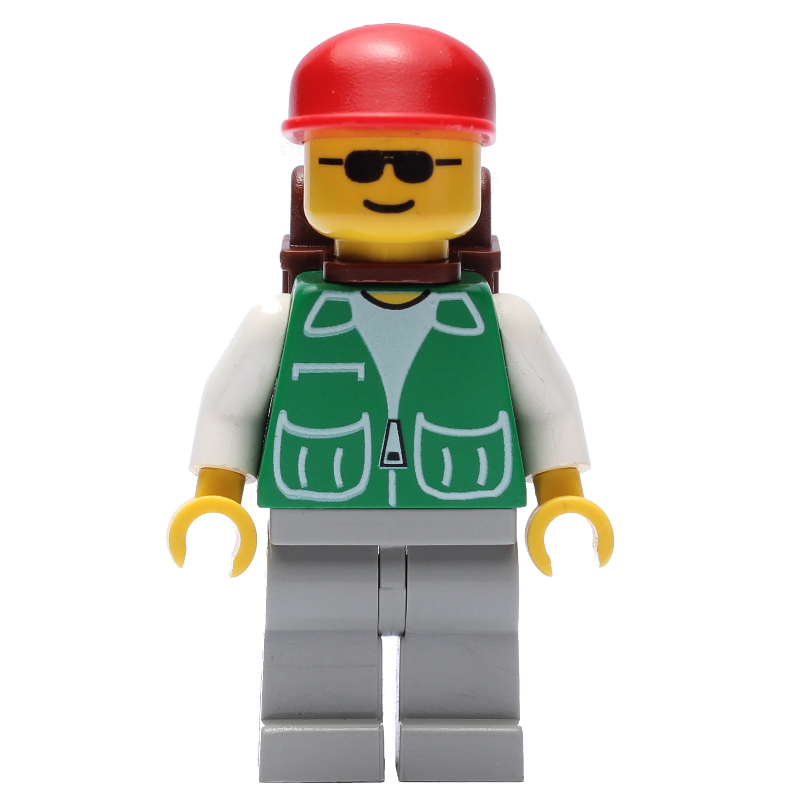 Lego Man, Green Jacket, Light Grey Legs, Sunglasses, Brown Backpack
