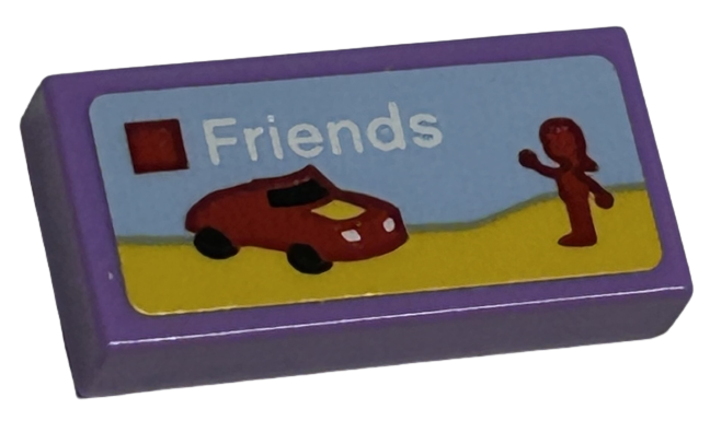 Lego Tile 1 x 2 with LEGO Friends Set Box Art, Red Mini Doll Silhouette and Car Pattern (Sticker) - Sets 40528 / 40574 / Medium Lavender