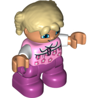 Lego Duplo Figure Child with Pigtails Tan, with Bright Pink Top with Flowers and White Sleeves - Magenta Legs