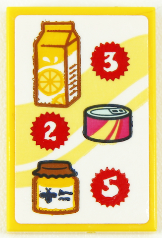 Lego Tile 2 x 3 with Price List with Carton of Orange Juice, Tin Can, Jar of Honey, Numbers 3, 2 and 5 on Red Starbursts Pattern (Sticker) - Set 41704 / Yellow