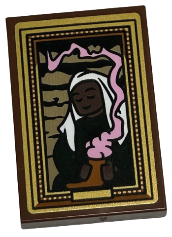 Lego Tile 2 x 3 with Picture of Woman with Potion and Bright Pink Smoke in Gold Frame Pattern (Sticker) - Set 40577 / Reddish Brown