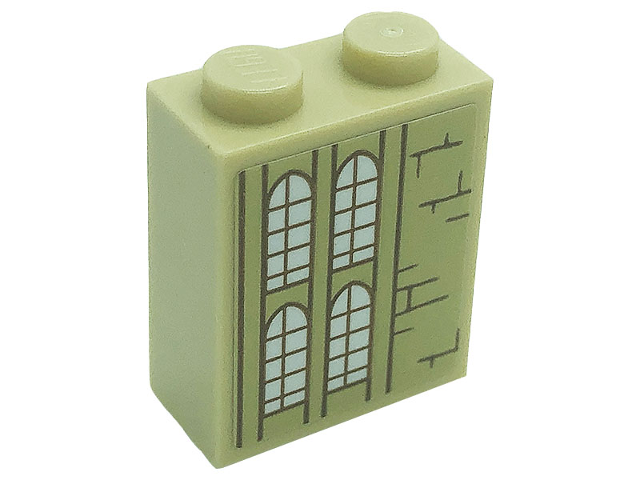 Lego Brick 1 x 2 x 2 with Inside Stud Holder with Windows and Bricks Pattern Model Right Side (Sticker) - Set 71043 / Tan