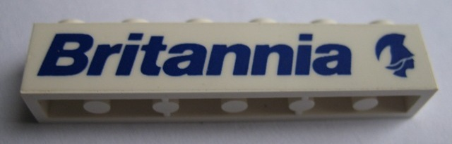 Lego Brick 1 x 6 with Blue 'Britannia' and Logo Pattern Model Right Side (Sticker) - Set 1599