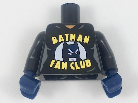 Lego Torso Female with Yellow 'Batman Fan Club' Pattern / Black Arm Left with 2 Yellow Stripes Pattern / Black Arm Right with Yellow '#1 Batfan' Pattern / Dark Blue Hands