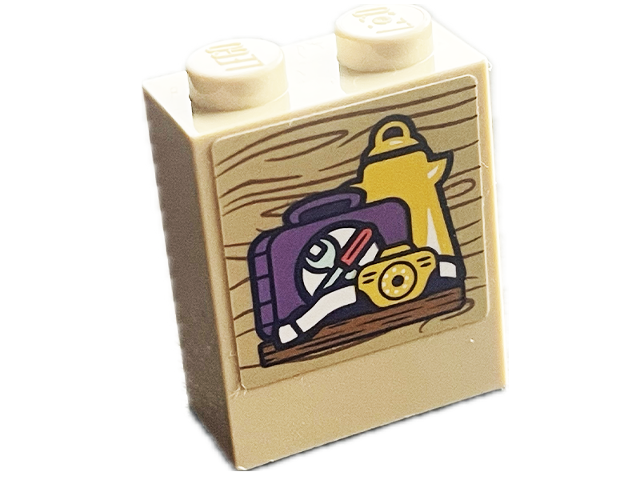 Lego Brick 1 x 2 x 2 with Inside Stud Holder with Medium Nougat Shelf and Wood Grain, Medium Lavender Briefcase, Light Aqua Tools, Yellow Kettle and Camera Pattern (Sticker) - Set 41716 / Tan