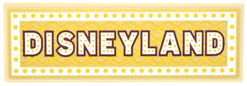 Lego Tile 2 x 6 with Sign with Gold Marquee Sign, Reddish Brown 'DISNEYLAND', White Border with Yellow Dots and Diamond Lattice Background Pattern (Sticker) - Set 43302 / Tan