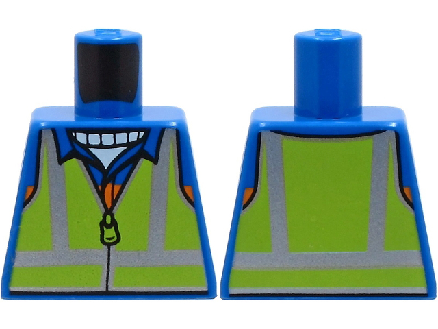 Lego Torso Safety Vest with Silver and Lime Reflective Stripes over Jacket with Orange Stripe Pattern / Blue