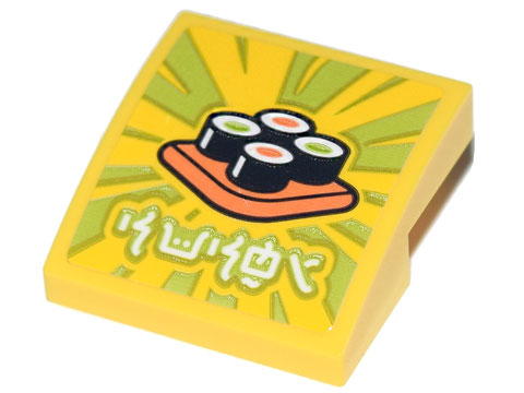 Lego Slope, Curved 2 x 2 x 2/3 with Ninjago Logogram 'SUSHI', Orange Plate with 4 Sushi Maki Rolls Pattern (Sticker) - Set 71741
