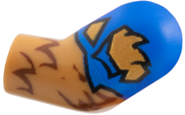 Lego Arm, Left with Molded Blue Short Sleeve and Printed Tear and Pointed Reddish Brown Fur Pattern / Medium Nougat