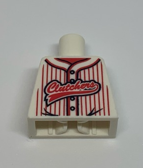 Lego Torso Baseball Jersey with Vertical Red Stripes, Buttons, and 'Clutchers' Logo Pattern / White
