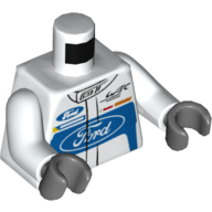 Lego Torso Race Suit with Ford Logo and 'GT' on Front and Ford Logo / 'Powered by EcoBoost' on Back Print, White Arms, Dark Bluish Gray Hands