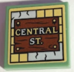 Lego Tile 2 x 2 with 'CENTRAL ST.' Sign on Reddish Brown Wooden Board Pattern (Sticker) - Set 70430