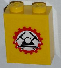 Lego Brick 1 x 2 x 2 with Inside Stud Holder with Miners Logo (Helmet with Crossed Pickaxes in Gear) on Transparent Background Pattern (Sticker) - Set 4203