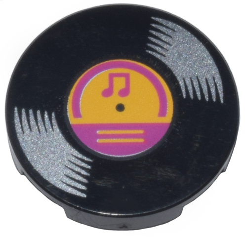 Lego Tile, Round 2 x 2 with Bottom Stud Holder with Vinyl Record with Bright Light Orange and Magenta Center and Music Notes Pattern / Black