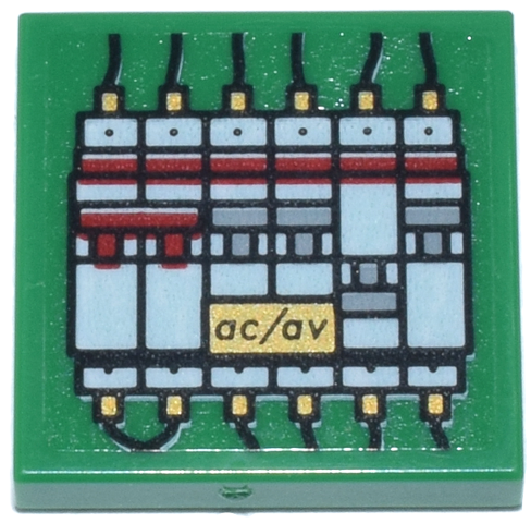 Lego Tile 2 x 2 with Red, White, and Light Bluish Gray Circuit Breakers, Black Wires and Gold Panel with Black 'ac/av' Pattern (Sticker) - Set 76218
