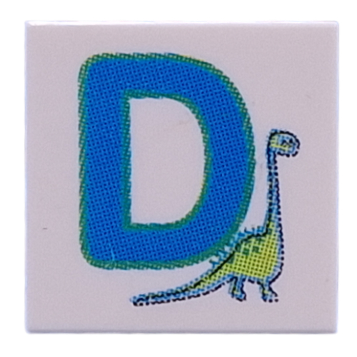 Lego Tile 2 x 2 with Blue 'D', Dinosaur Print / White