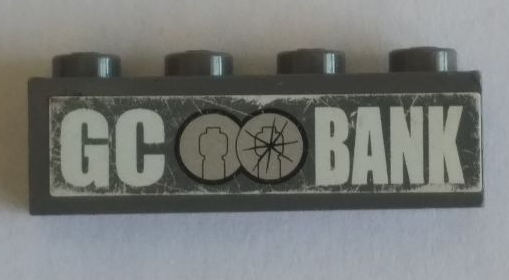 Lego Brick 1 x 4 with White 'GC BANK' Logo on Dark Bluish Gray Background Pattern (Sticker) - Set 7781