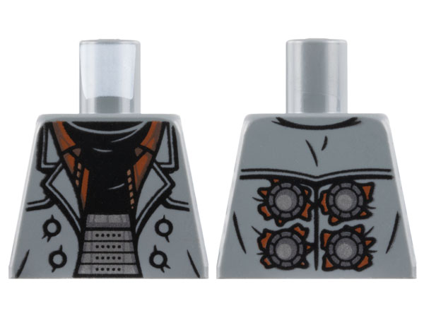 Lego Torso Trench Coat Open with Reddish Brown Lining over Black Shirt, Silver Armor Belt, Circles on Back Pattern / Dark Bluish Gray
