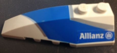 Lego Wedge 6 x 2 Left with Blue and Silver Wraparound Pattern, with Allianz Logo Pattern (Sticker) - Set 8374 / White