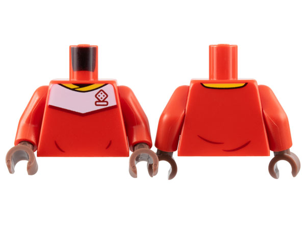 Lego Torso Soccer Uniform, Yellow Collar, White Shoulder Panel, Dark Red Dice Logo Pattern / Red Arms / Medium Brown Hands