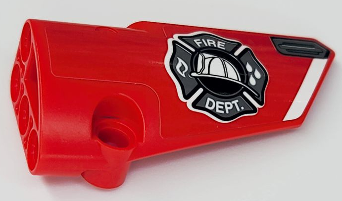 Lego Technic, Panel Fairing # 4 Small Smooth Long, Side B with 'FIRE DEPT.', Shield and Door Handle Pattern (Sticker) - Set 42075 / Red