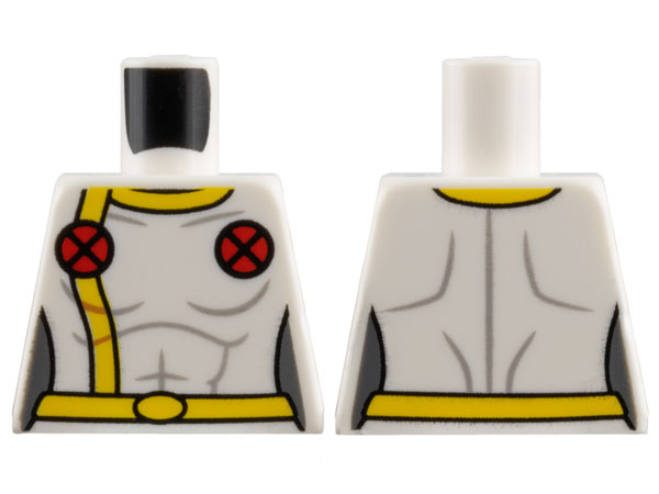 Lego Torso Female Super Hero Costume with Yellow Collar, Stripe, and Belt, 2 Red Circles with X-Men Logo Pattern / White