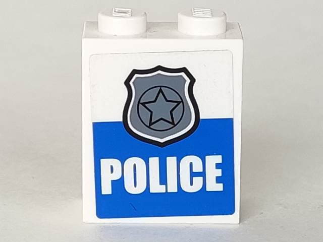 Lego Brick 1 x 2 x 2 with Inside Stud Holder with Silver Police Badge and 'POLICE' Pattern (Sticker) - Set 4440 / White