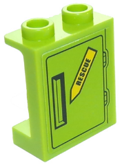 Lego Panel 1 x 2 x 2 with Side Supports - Hollow Studs with Black 'RESCUE' on Yellow Arrow and Black Door Hatch Pattern (Sticker) - Set 60123 / Lime