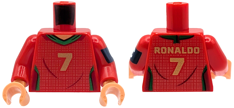Lego Torso Soccer / Football Jersey Portugal, White Mesh, Green Trim, Gold Number 7 and 'RONALDO' Pattern / Red Arm Left with Captain's Armband Pattern / Red Arm Right / Nougat Hands
