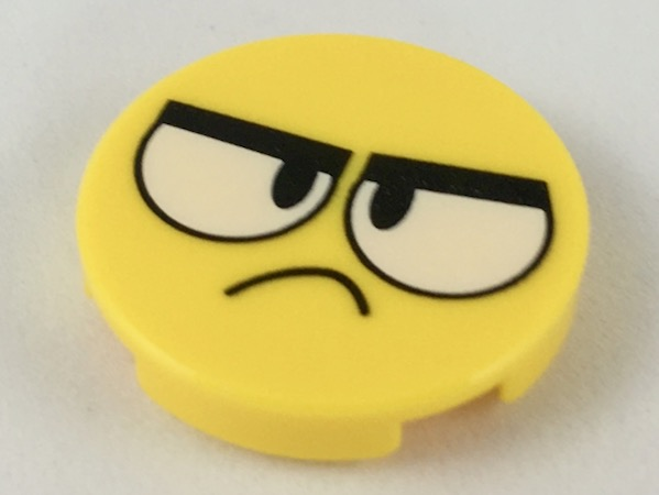 Lego Tile, Round 2 x 2 with Bottom Stud Holder with Large White Angry Eyes and Frown Pattern