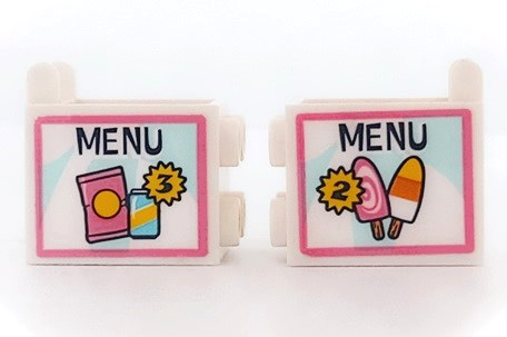 Lego Container, Box 2 x 2 x 2 with 'MENU', Ice Creams and Number 2, Snack Packet, Soda Pop Can and Number 3 Pattern on Both Sides (Stickers) - Set 41429 / White