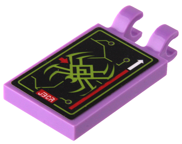 Lego Tile, Modified 2 x 3 with 2 Open O Clips with Lime Spider, Red and White Arrows and 'JECR' on Black Background Pattern (Sticker) - Set 80022