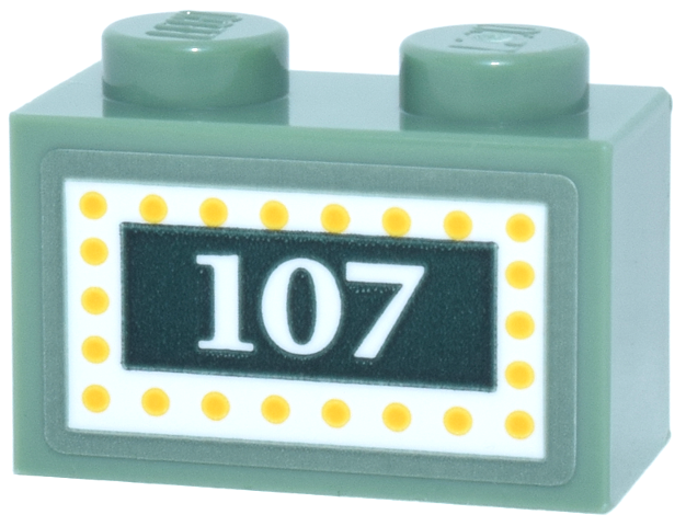 Lego Brick 1 x 2 with Dark Green Marquee Sign, White Number 107 and Border with Yellow Dots Pattern (Sticker) - Set 43302 / Sand Green