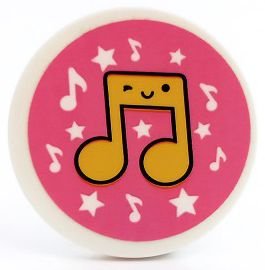 Lego Tile, Round 3 x 3 with Yellow Music Notes with Face and Stars on Dark Pink Background Pattern (Sticker) - Set 41450 / White