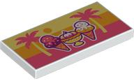 Lego Tile 2 x 4 with Coral, Dark Purple, Bright Light Orange and Bright Light Yellow Ice Cream and Palm Trees on Sunset Background Pattern / White
