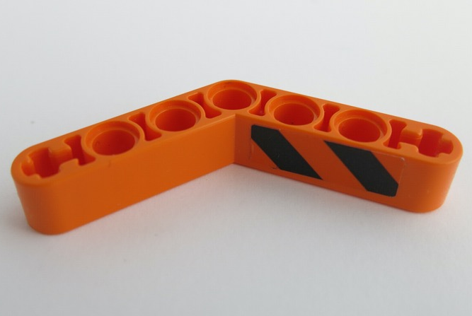 Lego Technic, Liftarm, Modified Bent Thick 1 x 7 (4 - 4) with Black and Orange Danger Stripes Pattern Model Right Side (Sticker) - Set 42071 / Orange