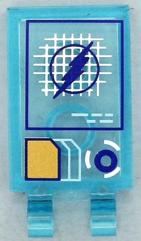 Lego Tile, Modified 2 x 3 with 2 Open O Clips with Head-Up Display (HUD) with Dark Purple The Flash Logo on White Grid, Gold and Metallic Light Blue Documents and Lines Pattern (Sticker) - Set 41239 / Trans-Light Blue